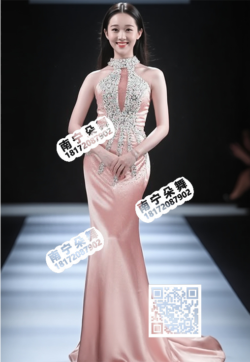 水红多钻挂脖长礼服