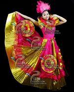 玫红大团花长裙