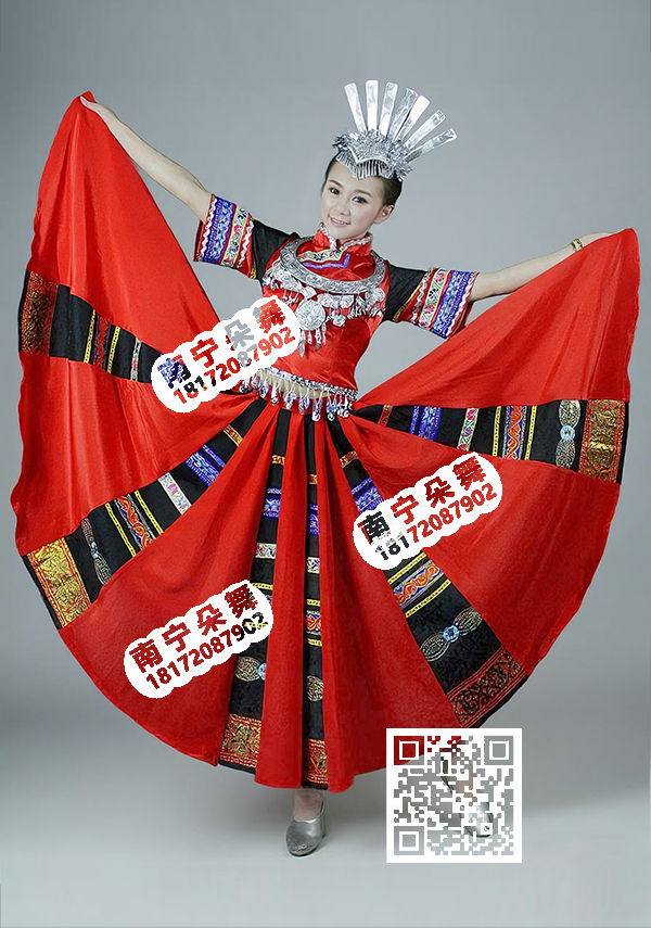 荷花奖_一抹红_大红苗族大摆裙_超大摆度