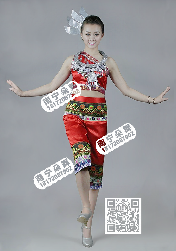 桃李杯_黎乡笠影_大红黎族中裤舞蹈服