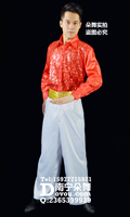 大红亮片衬衣白裤男装