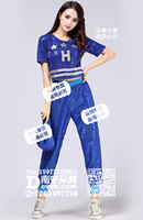 宝蓝亮片五角星字母演出服少女时代女歌手爵士舞足球宝贝啦啦队