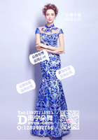 宝蓝青花瓷鱼尾旗袍