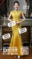 黄色蓝边无袖鱼尾旗袍