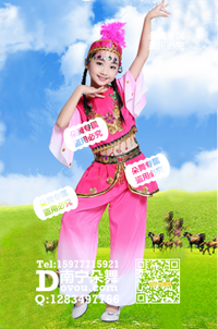玫红维吾尔裤装女童服_EM070