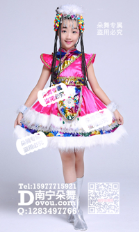 玫红藏族毛边短裙女童服_EM061