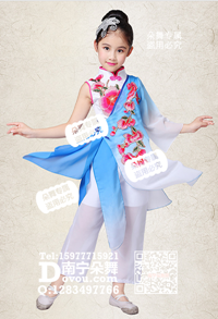 蓝色飘逸古典裤装女童服_EM051