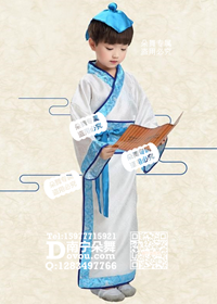 蓝边缎领白锦面古装汉服男女童服_EM077