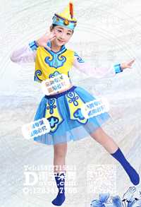 黄衣蓝裙蒙古族短裙女童服_EM084