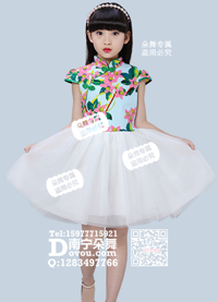 墨绿小清新花瓣旗袍领白纱裙女童服_EX164