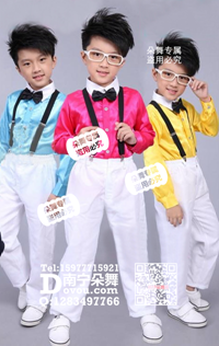 多色亮面背带白长裤儿童服_EX046