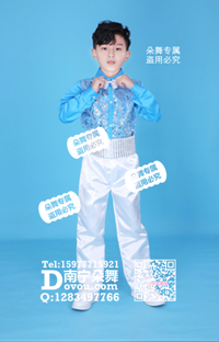 天蓝亮片长袖衬衣白色长裤套装男童服_EX173