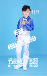 宝蓝亮片长袖衬衣白色长裤套装男童服_EX028