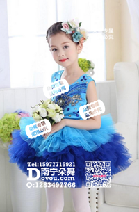 宝蓝大花水钻双色女童服_EX019