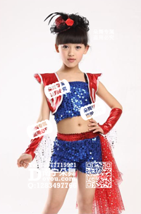 宝蓝衣裤红色飞肩现代舞女童服a_EX037