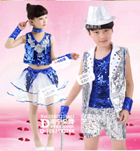 宝蓝银色亮片短套装儿童服_EX039