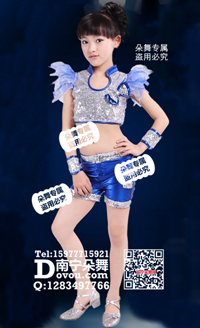 宝蓝银色泡泡袖短裤现代舞儿童服1_EX041
