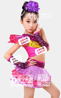 玫红斜肩多层亮片现代舞女童服a_EX162