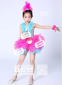 玫红波浪卷亮片现代舞女童服_EX147