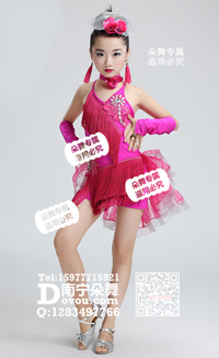 玫红流苏拉丁舞女童服_EX156