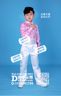 粉红亮片长袖衬衣白色长裤套装男童服_EX063