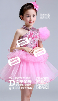 粉红亮面花纱裙女童服a_EX060