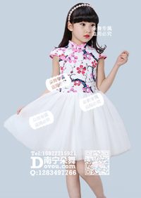 粉红小清新桃花旗袍领白纱裙女童服_EX072