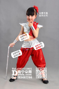 红色亮片银色双肩现代舞女童服_EX084