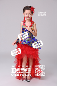 红裙蓝龙纹中国风纱裙女童服a_EX076