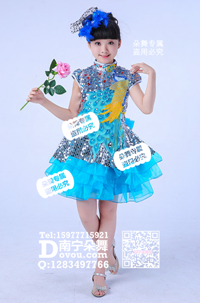 蓝色亮片凤凰短纱裙女童服_EX127