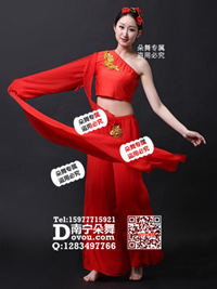 红色斜肩映山红绽放水袖古典舞服