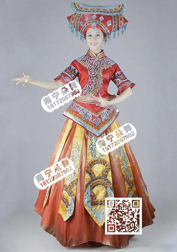 大红翘衣角橘红纱裙壮族盛装