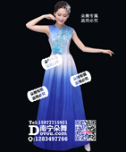 宝蓝渐变亮片胸花无袖连衣长裙