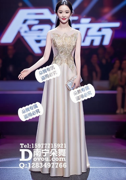 白香槟亮钻修身双肩纱晚礼服