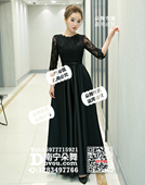 黑色蕾丝中袖蝴蝶结修身长裙礼服