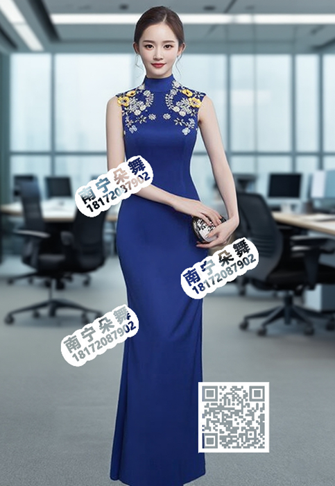 宝蓝双肩绣花高岭鱼尾礼服