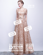 香槟色短袖立体花瓣修身晚礼服