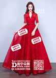 红色深V亮钻蕾丝中袖晚礼服