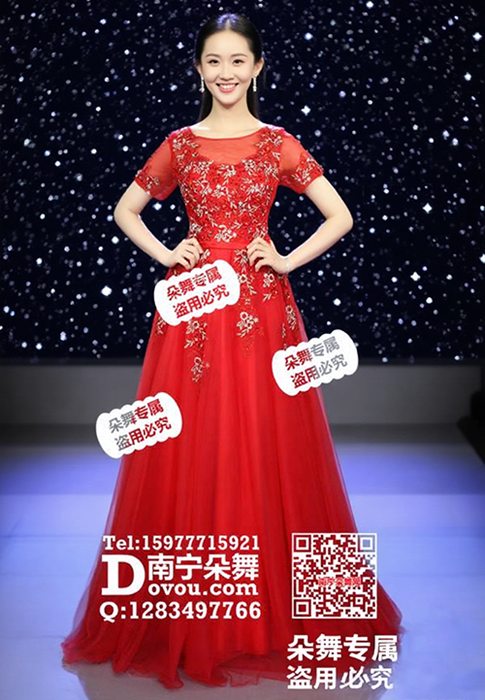 大红透纱圆领纱裙长礼服