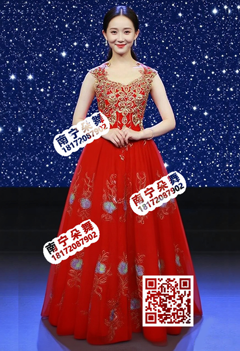 大红金丝花纱裙长礼服