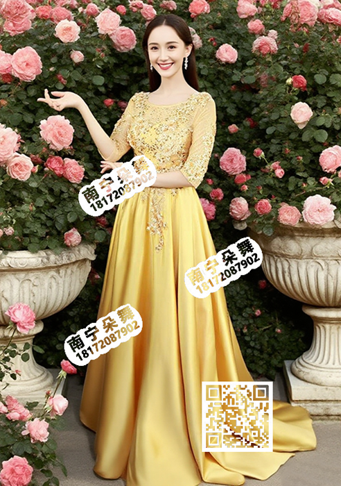 金色透纱中袖圆领钉珠厚锻长礼服