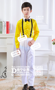黄色白领背带领结长袖衬衣白色长裤套装