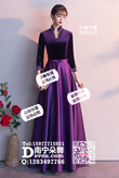 紫色七分袖立领中式长礼服
