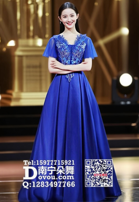 宝蓝荷叶袖厚缎长礼服