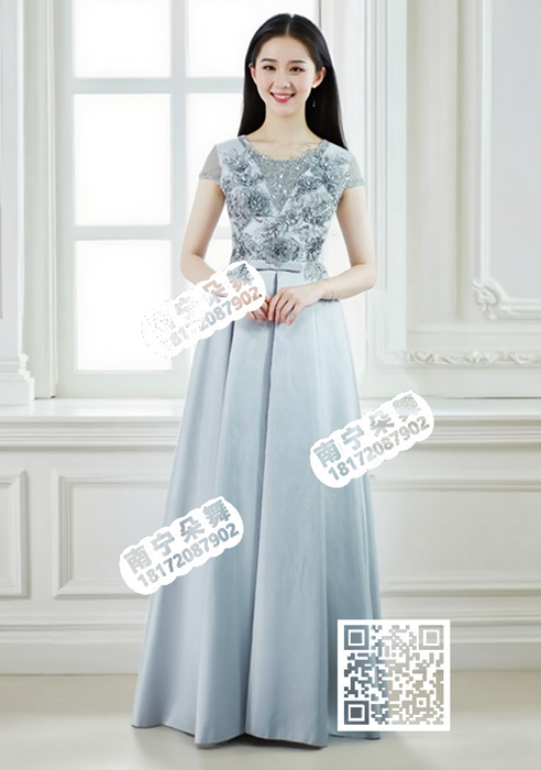 灰色立体花半袖烫钻厚缎长礼服