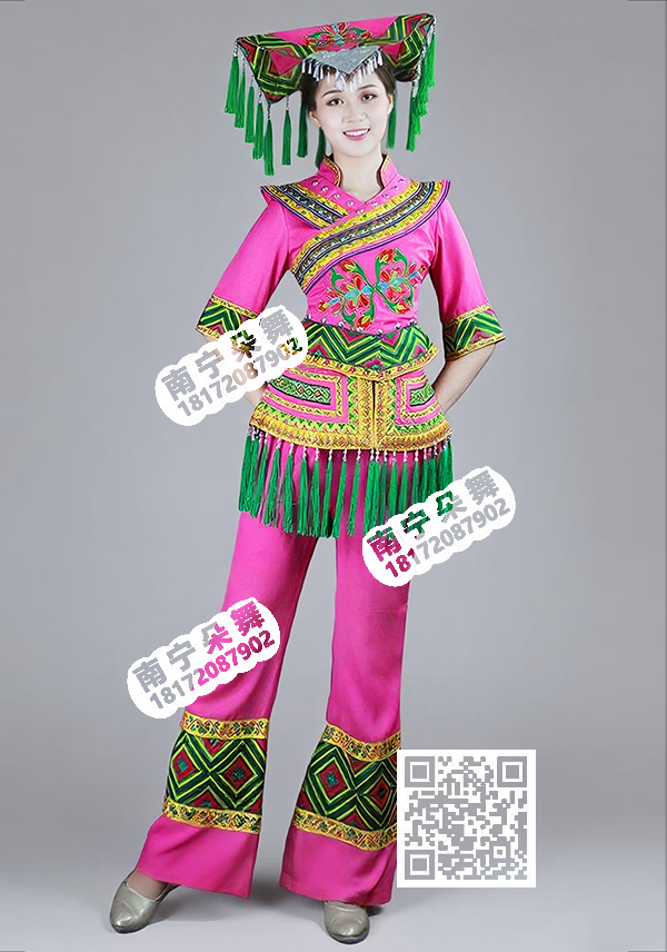 玫红绿边中袖壮族裤装