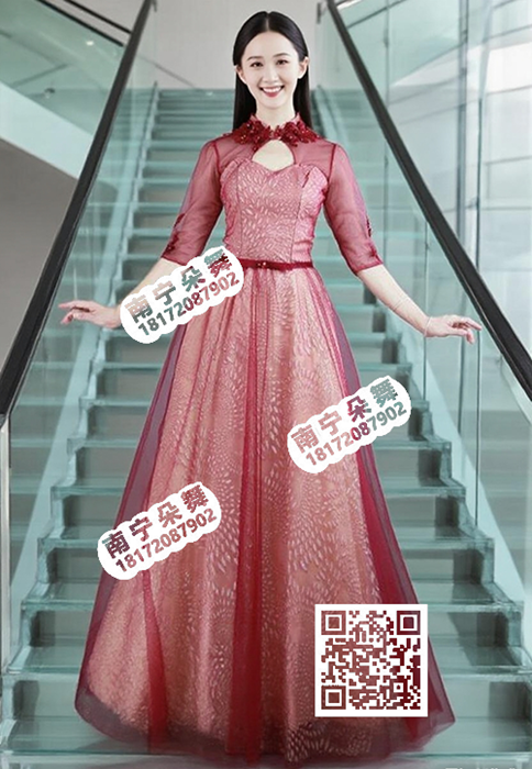 红色立领花网纱烫金中式长礼服