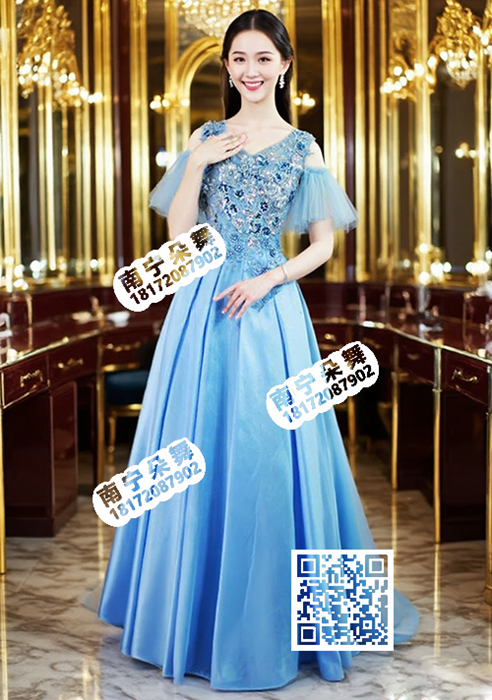 蓝色v领亮片花纱袖缎面长礼服