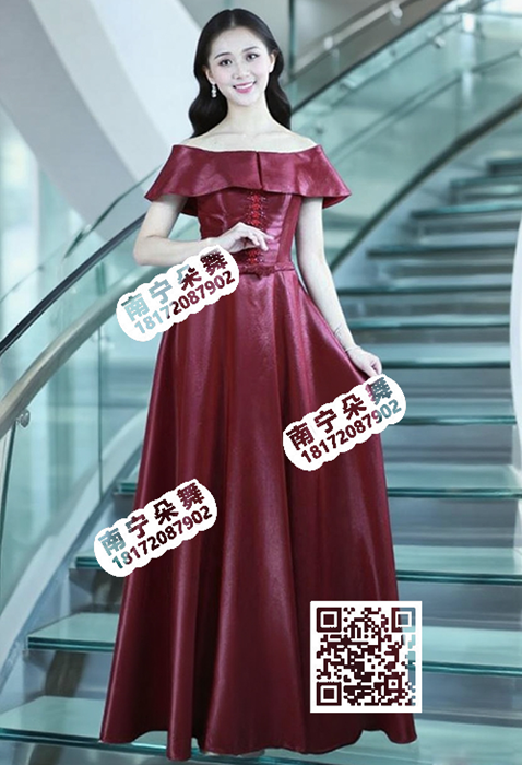 酒红一字披肩厚缎长礼服