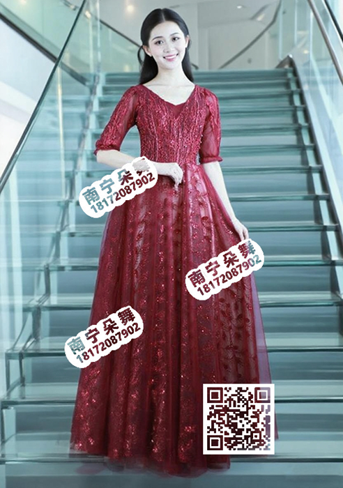 酒红凤尾花亮片中袖长纱裙
